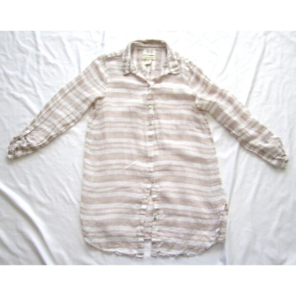 Women Cynthia Rowley 100% Linen Stripe Roll Up Sleeve Button Blouse Sz M (WB169) - Picture 1 of 9
